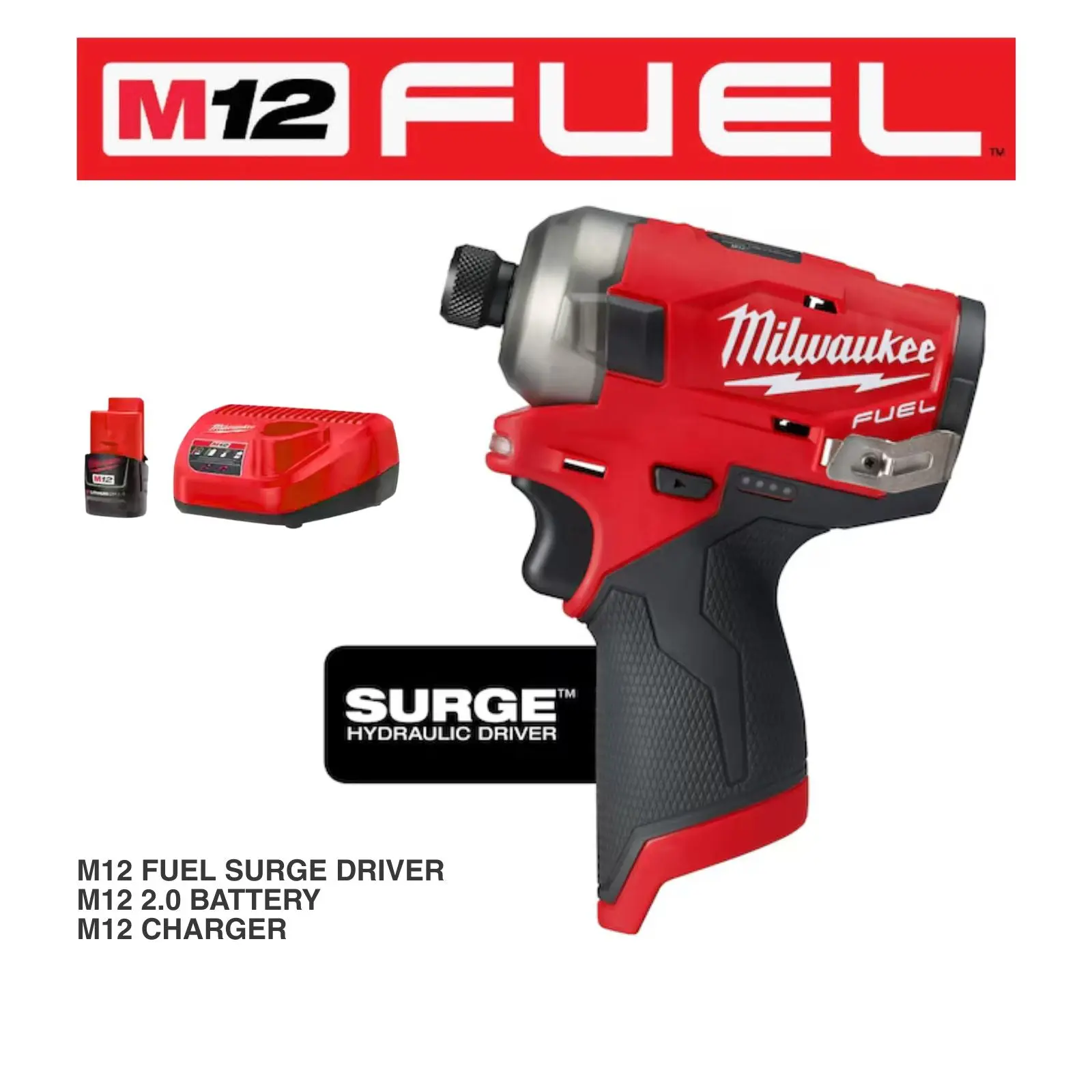 Milwaukee M12 FUEL SURGE 2551-20 1/4" Hex Hydraulic Driver Kit with 2.0Ah Battery & Charger