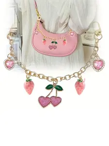 Sweet Girl Style Fruit Pendant Bag Chain - Strawberry Cherry Chain Pendant - Cute Fruit Theme Buckle Bag, Sparkling Pink Love Pendant, Strawberry Cherry Pattern, Perfect Gift For Valentine's Day, Mother's Day, Women's Bag Accessories, Sparkly Bag Charm