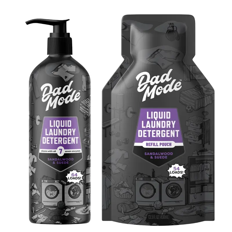 DadMode 7-Enzyme Power Liquid Laundry Detergent 2-Pack (Pump Bottle & Refill Pouch), Mom-Approved 118-Load Ultra-Concentrated HE-Friendly Stain Remover, Plant-Based Sandalwood Suede Scent, Non-Toxic Dye-Free Odor-Fighting All-Purpose Cleaner, Stain Remova