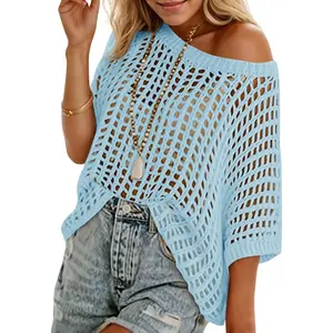Beotyshow Womens Batwing Short Sleeve Crochet Sweater Tops Oversized Boat Neck Boho Knit Summer Beach Cover Ups