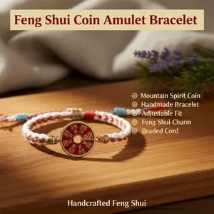 Mountain Spirit Coin Amulet & Handmade Adjustable Bracelet with Braided Cord, Charms and Chinese Feng Shui Costume Jewelry Accessory