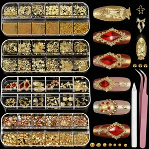 Gold Nail Charms and Gems Set, 4 Boxes Nail Gems Nail Pearls with Tools, 3D Cross Heart Virgin Mary Nail Rhinestones for Nails Supplies, Nail Design Art Kit