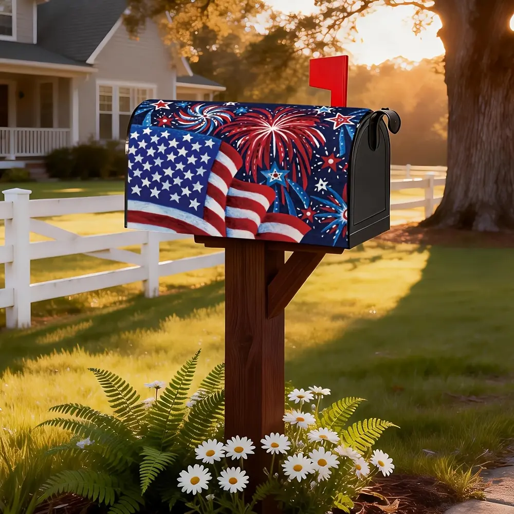 1 Patriotic Magnetic Mailbox Cover with American Flag & Fireworks Design - Durable Outdoor Decor for Independence Day, Spring Theme