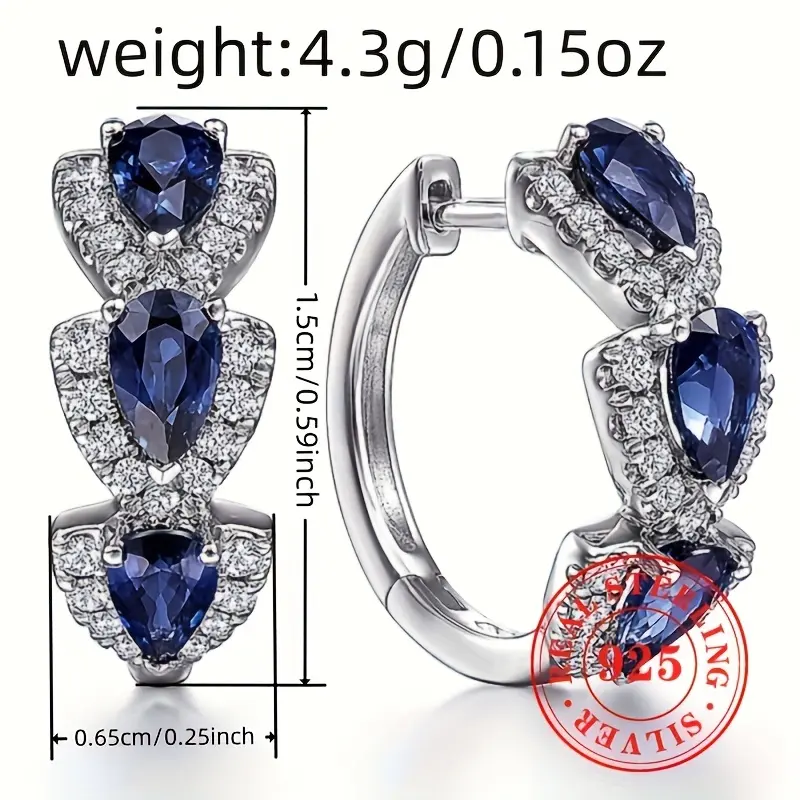 925 Sterling Silver Hoop Earrings for Women with Synthetic Blue Sapphires, Elegant Formal Evening Jewelry, September Birthstone Gift, Female, Daily, Formal Evening Earrings, Blue Gemstone Earrings