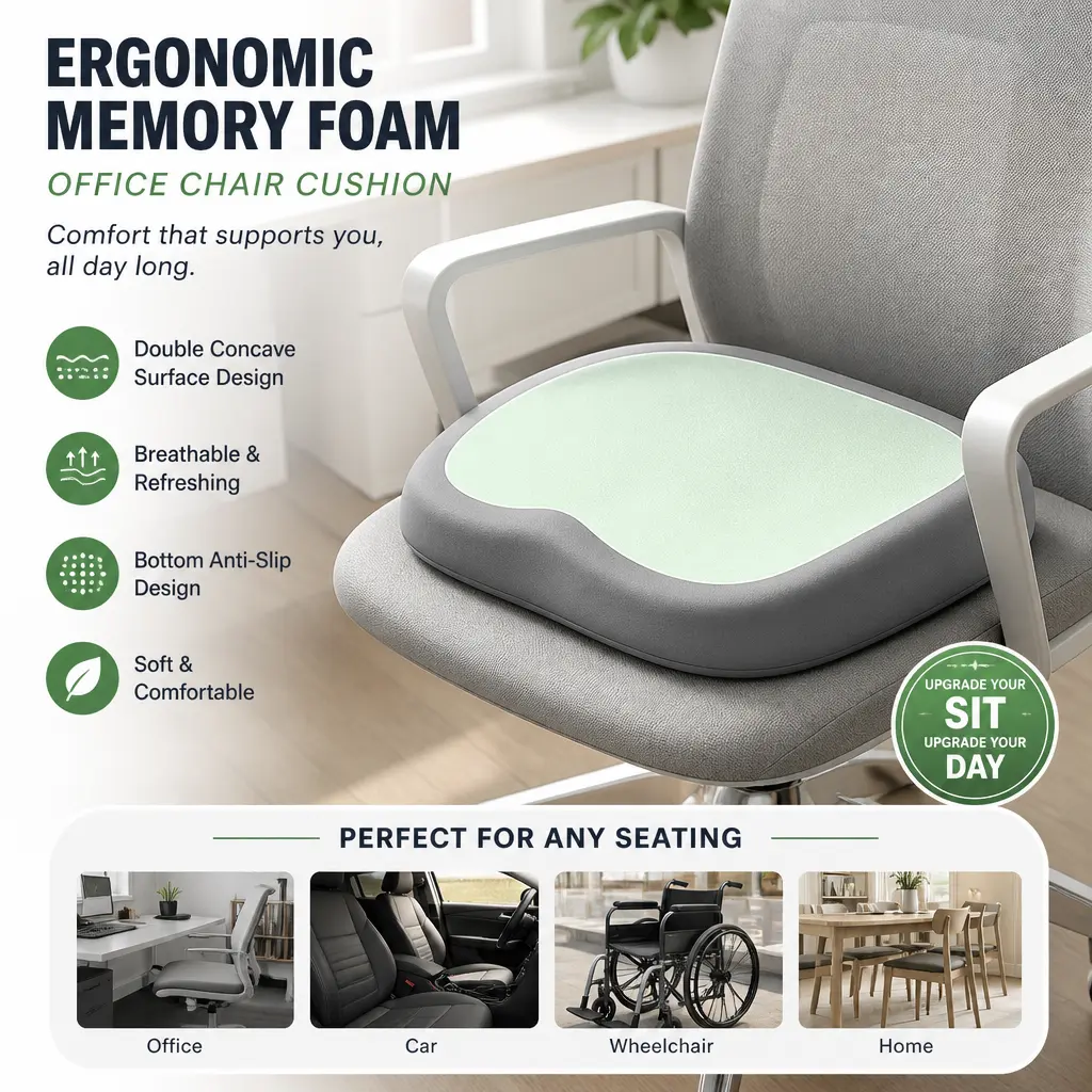 Ergonomic Contoured Memory Foam Office/Gaming Chair Cushion with W-Double Concave Butt Support, 3D Wrapped Support, Drip Glue Anti-Slip Bottom, Durable Breathable Skin-Friendly Fabric for All Seasons Desk, Driving Use, Gamers