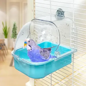 Bird bath for cage, pet cleaning supplies, budgie bath with hook, suitable for small parrots, spacious portable budgie shower, suitable for most bird cages (blue)