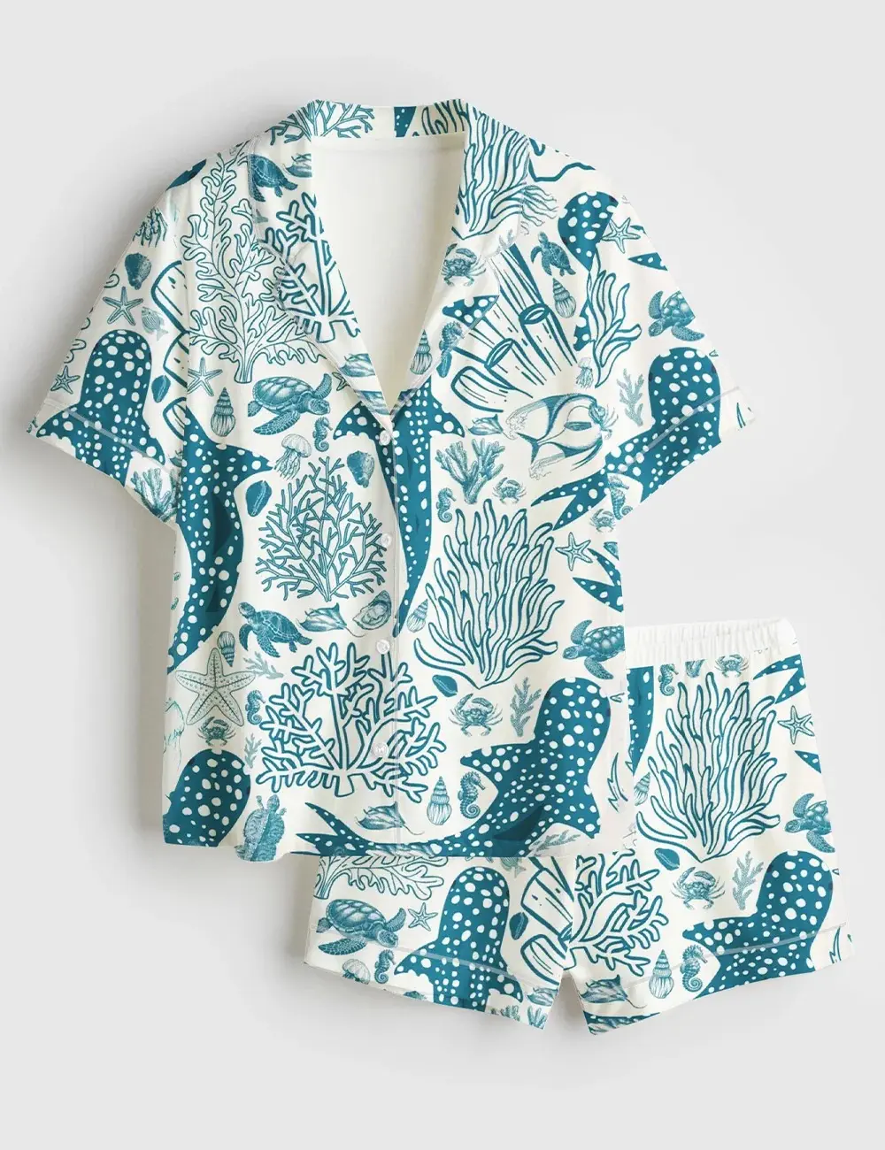 Women’s Whale Shark Coral Reef Ocean Coastal Print Short Sleeve Silk Satin Pajama Set Soft Sleepwear