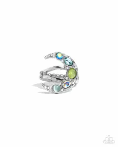 Lunar Leader - Green Iridescent Gem Silver Moon Ring - Paparazzi