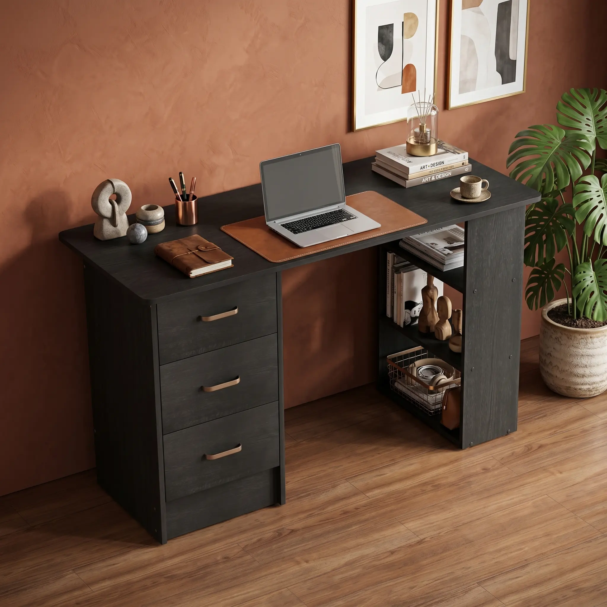 Solid Rectangle White-Black Wood Computer Desk - Modern Office Furniture with Easy Assembly Required, 3 Drawers, 3 Open Shelves, Computer Armoire, Spacious Desktop, Storage for Home Office Organization, Quality Service Guaranteed