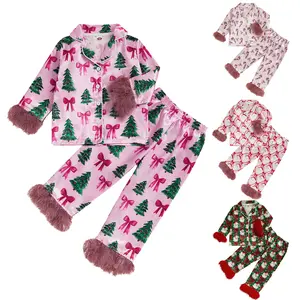 REDWOON Toddler Baby Girl Christmas Silk Satin Pajamas Set Button Down Pjs Kids Feather Trim Long Sleeve Shirt Pants Pjs Sleepwear