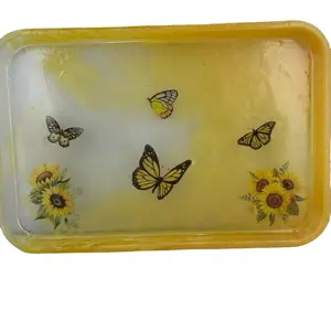 Butterfly Decorative Tray with Sunflower Design Yellow Edge Lightweight