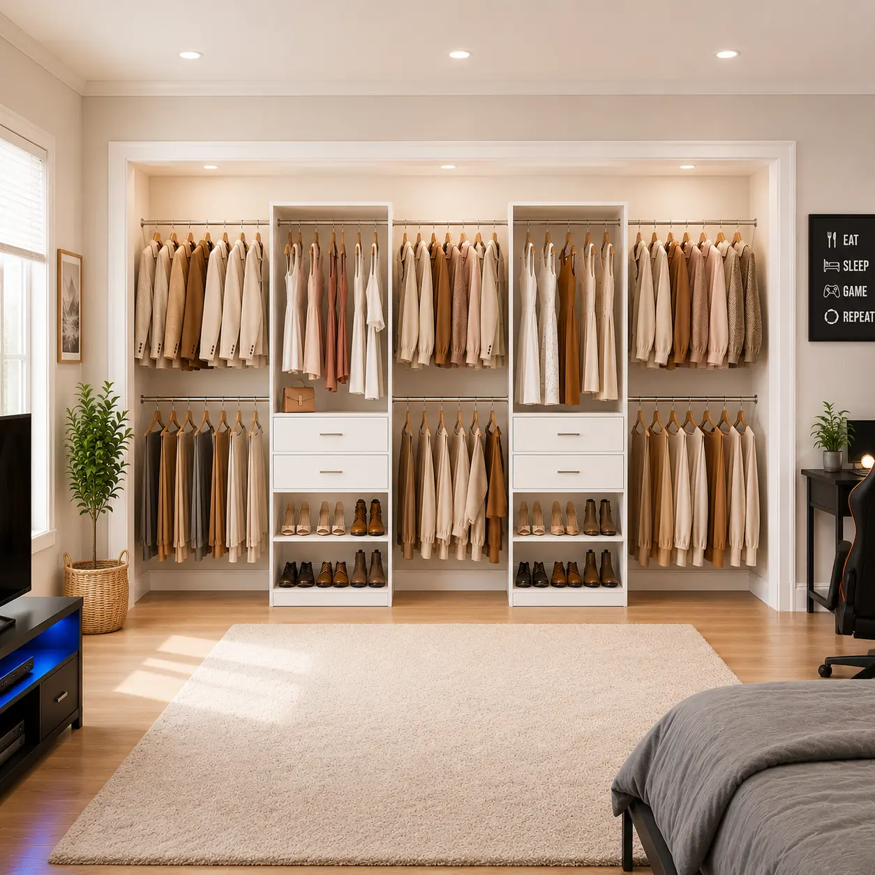 Up to 155" Expandable Closet System with 4 Drawers, 2000 LBS Heavy Duty Built-in Closet Space, Reversible Wood Walk-in & Reach-in Closet Organizer for Large Closet Nook, White