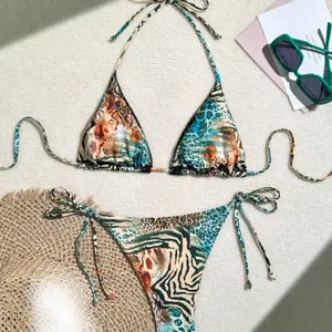 Leopard Print Halter Bikini Set – Lace Detail 2 Piece Swimsuit with Tie Side Bottom