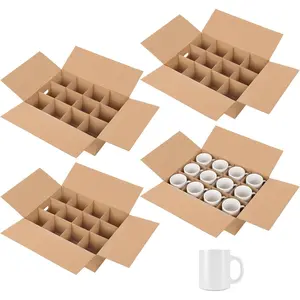 4 Pack Corrugated Cup & Mug Moving Box, Holds 48 Mugs, 17 x 13 x 5.5 Inch Shipping Box, Reinforced Cardboard Kitchen Storage Carrier with Handles for Moving Glassware Dishes Travel