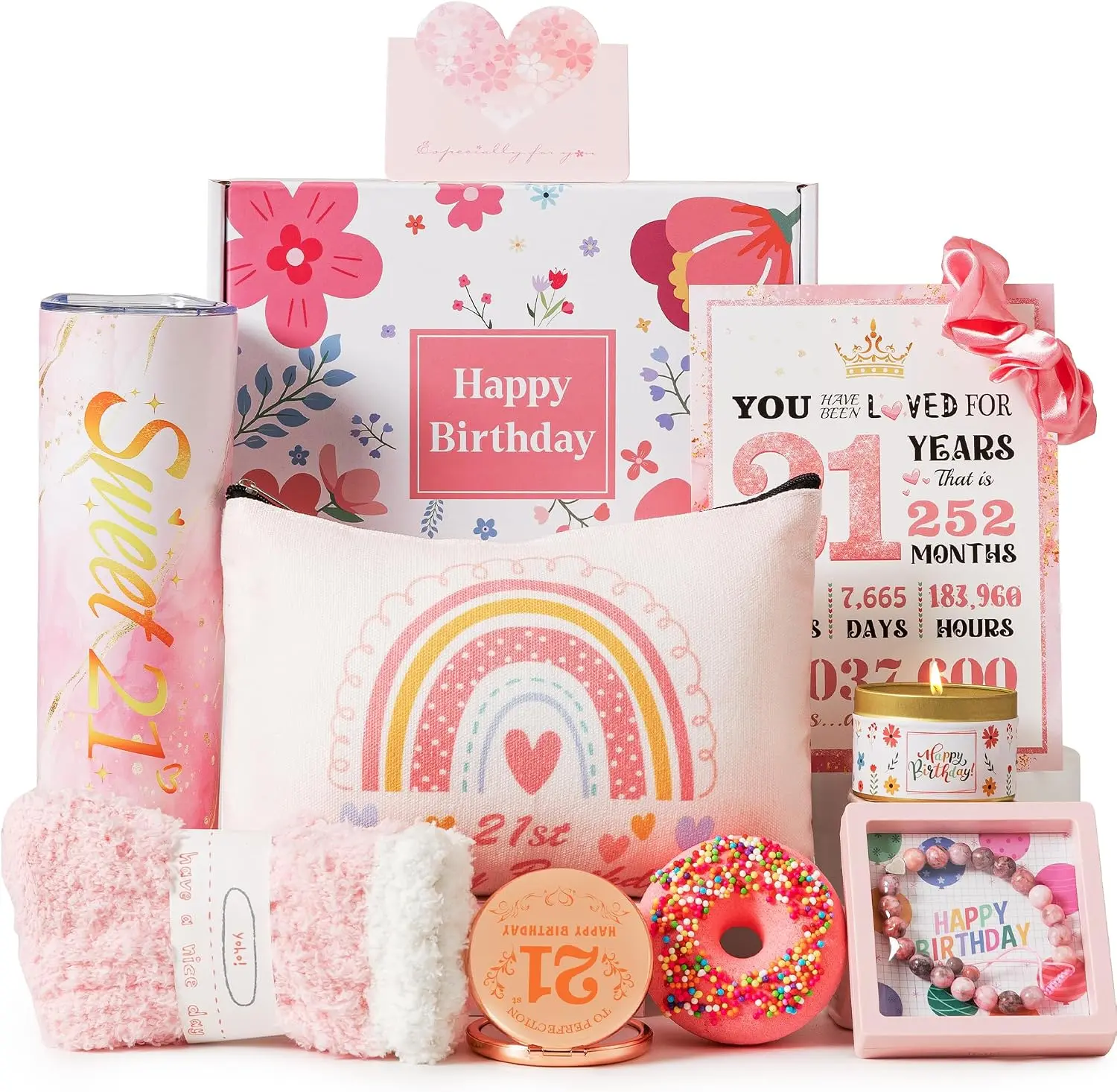 Luxury Birthday Gift Set Pampering Kit for 21-Year-Old Women, Personalized Happy Sweet 21st Birthday Pamper Hamper Box, Festive Party Gift Basket for Sister or Girlfriend