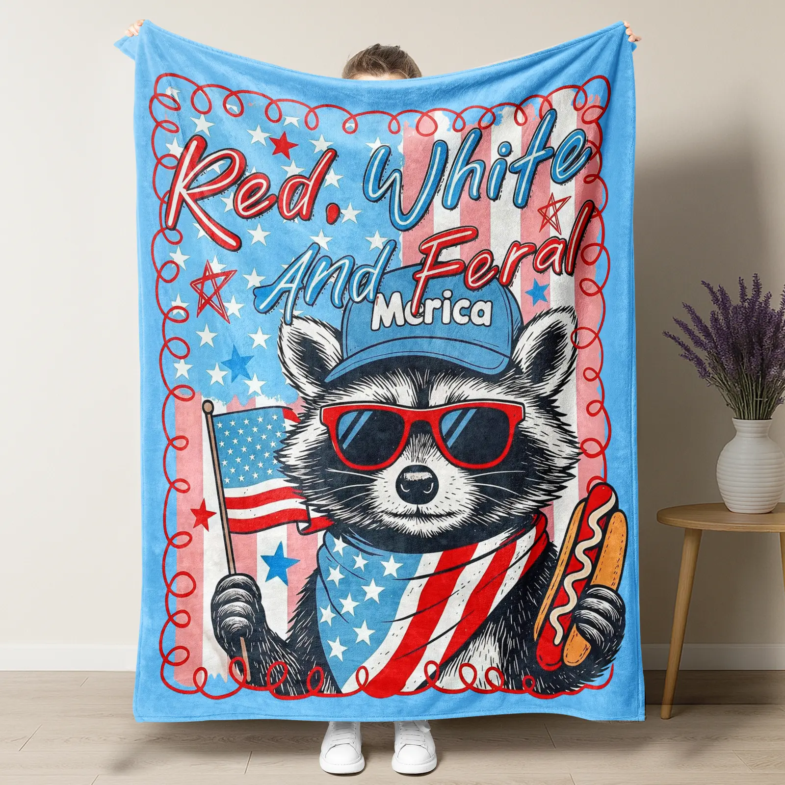 Patriotic 'Red White & Feral’ Lightweight Flannel Blanket,Cute Merica Raccoon Soft Air Conditioning Throw Blanket For Summer Nights & Patriotic Parties For 4th of July independence Day Decor