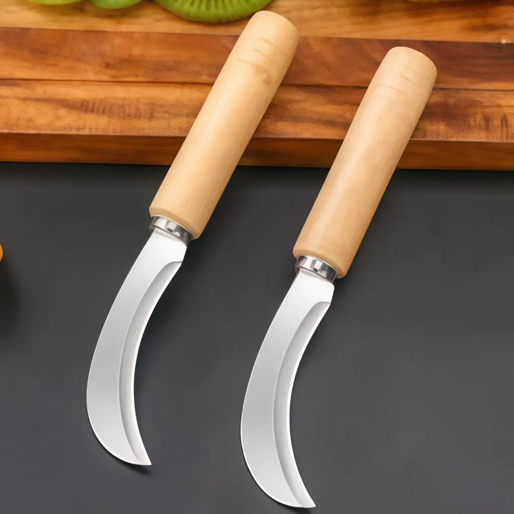 2pcs wooden handle stainless steel fruit knife, household small curved knife, banana and pineapple knife, fruit and vegetable peeler, portable melon and fruit knife, wooden handle crescent knife, banana and pineapple peeler