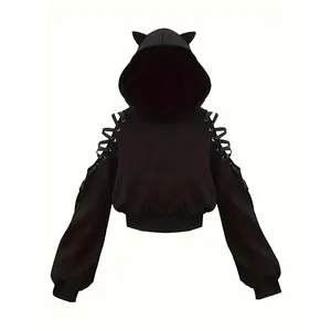 Halloween Gothic Cat Ear Hoodie, Cosplay Crop Sweatshirt, Women's Clothing