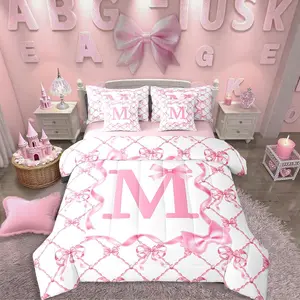 Feelyou 7-Piece Monogrammed Initial Microfiber Bedding Set - Multi-Size, Soft Durable Material, Breathable Durable Sheets, Coquette Preppy Bowknot Design, Pink Comforter for Girls' Birthday Gifts