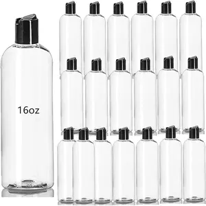 20 Pack 16oz Clear Empty, Squeezable Travel Containers with Disc Top Flip Caps, Refillable Shampoo for Lotions, Cream, Liquid Body Soap, Creams, BPA Free