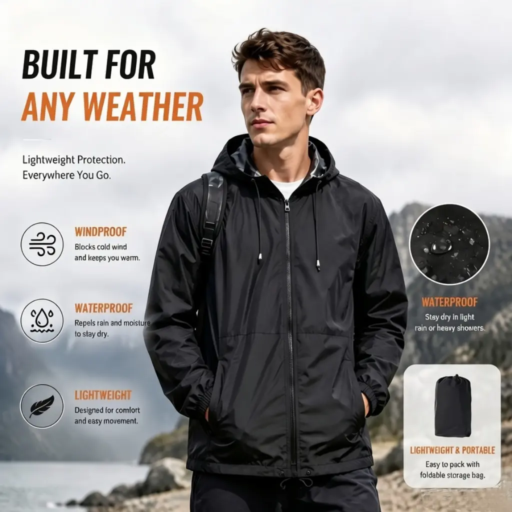 Men's Waterproof Rain Jacket Lightweight Packable Windbreaker with Hood for Hiking, Running, Cycling & Travel