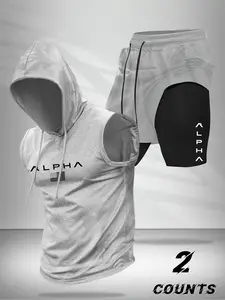 Hooded Vest and Gym Shorts Two-Piece Set, Casual Summer with Letter Pattern, Fitted Knitted Sportswear for Active Lifestyle, Sportswear Running Fitness, Workout Running Clothes, Streetwear Tracksuit Set