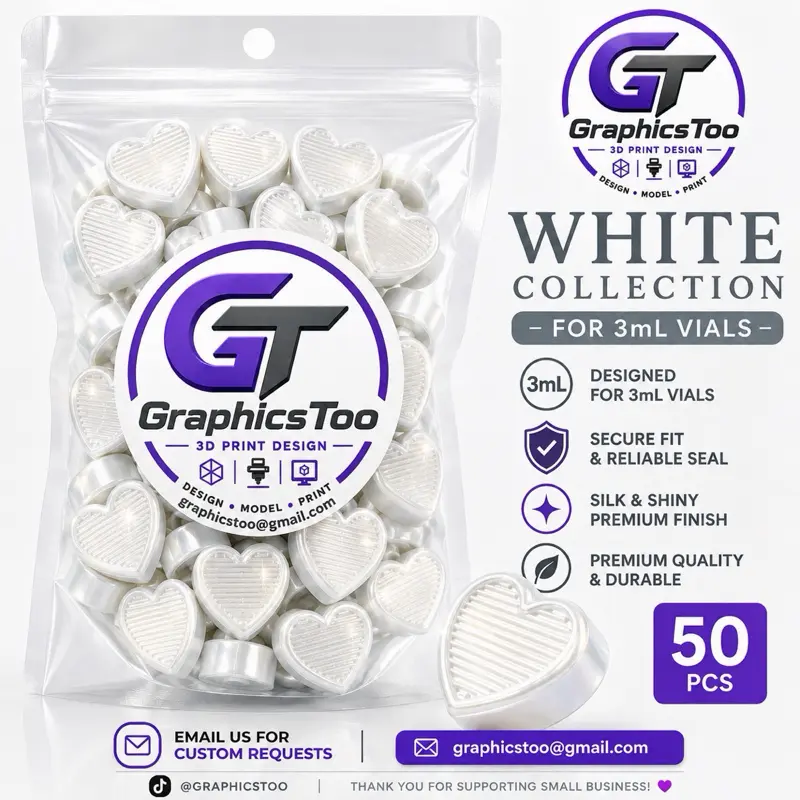 White Collection Heart Caps for 3mL Vials | 50PCS Decorative Snap-On Caps | Premium 3D Printed Accessories Organizing Aesthetic