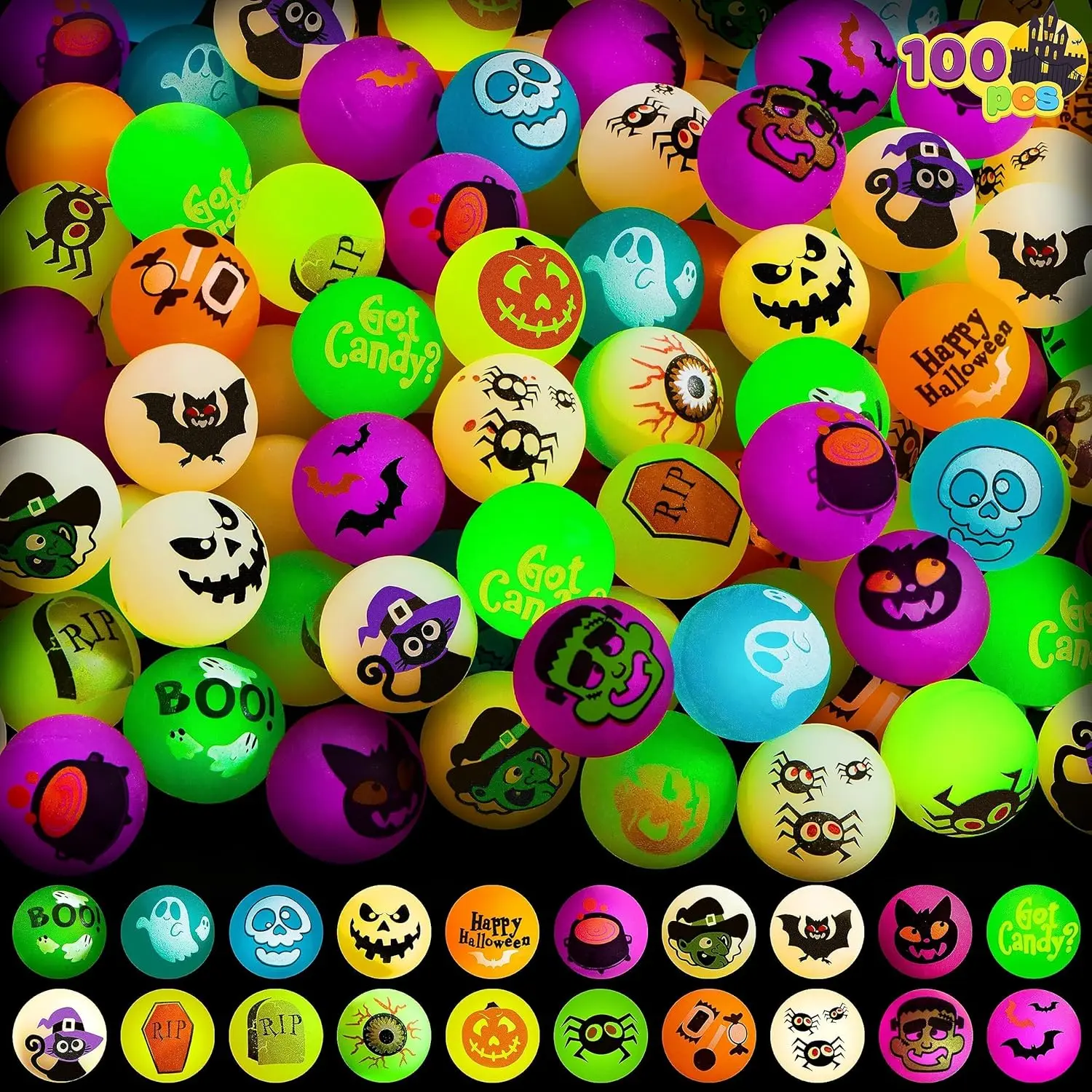100 PCS Halloween Glow in The Dark Bouncing Balls, 20 Designs Halloween Theme Glowing Bouncy Balls  Halloween Party Supplies, Party Favors, Trick or Treating Goodies