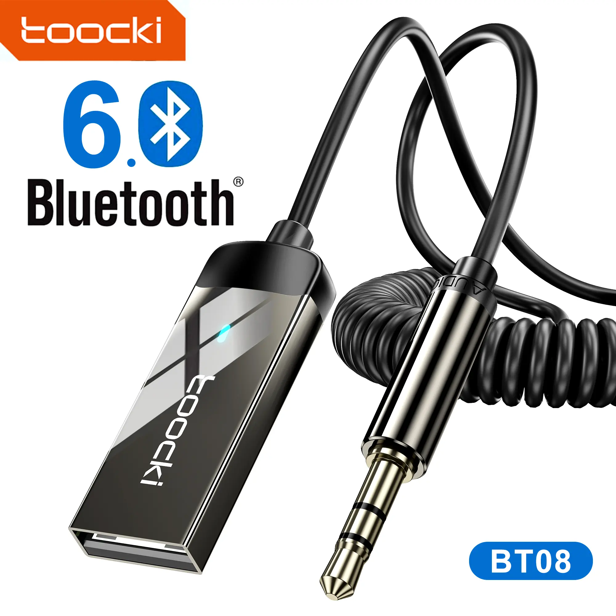 toocki Bluetooth BT08 Aux to Bluetooth 6.0 Car Adapter 3.5mm Aux Adapter Built-in Microphone, Car Bluetooth Audio Receiver for Hands-Free Calls Compatible with Speaker & Home Audio