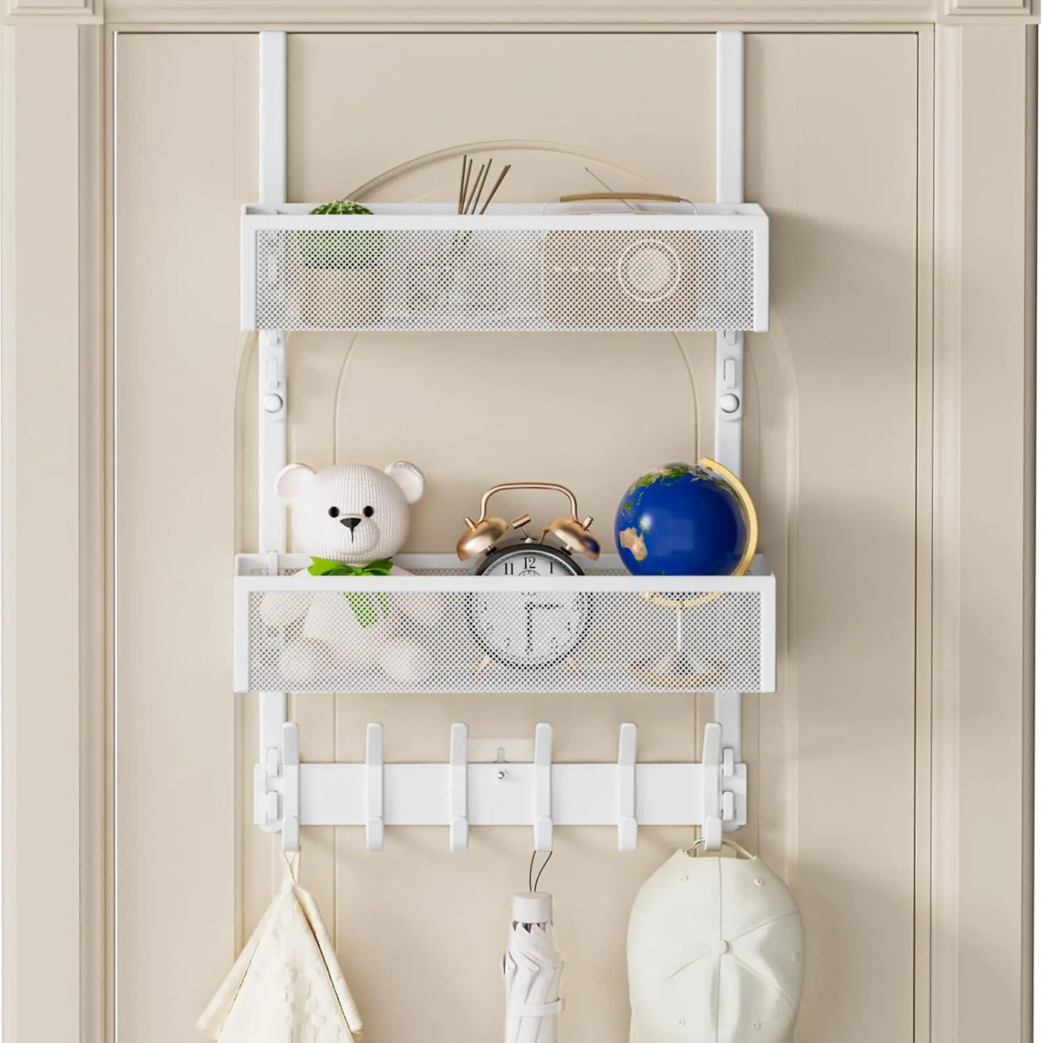 Over The Door Hooks Organizer, Over Door Storage with 12 Coat Hooks and 2 Mesh Basket, Bathroom Door Organizer Towel Rack  of Door Hanger Organizer for Bedroom, Kitchen(White)
