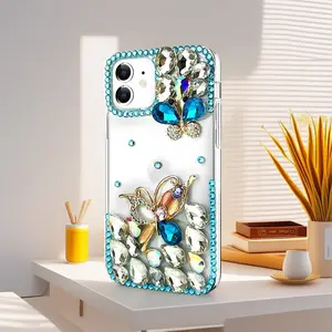 Elegant Blue Butterfly Bling Rhinestone Phone Case with Chain - Protective Casing Accessory, Protector for iPhone 16, 16 Plus, 15, 14, 13, 12, 11 Pro Max