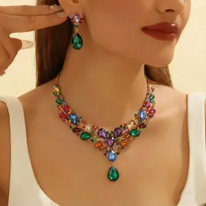 Crystal Statement Jewelry Set - Rhinestone Necklace & Earrings for Wedding/Party, Multicolor Options