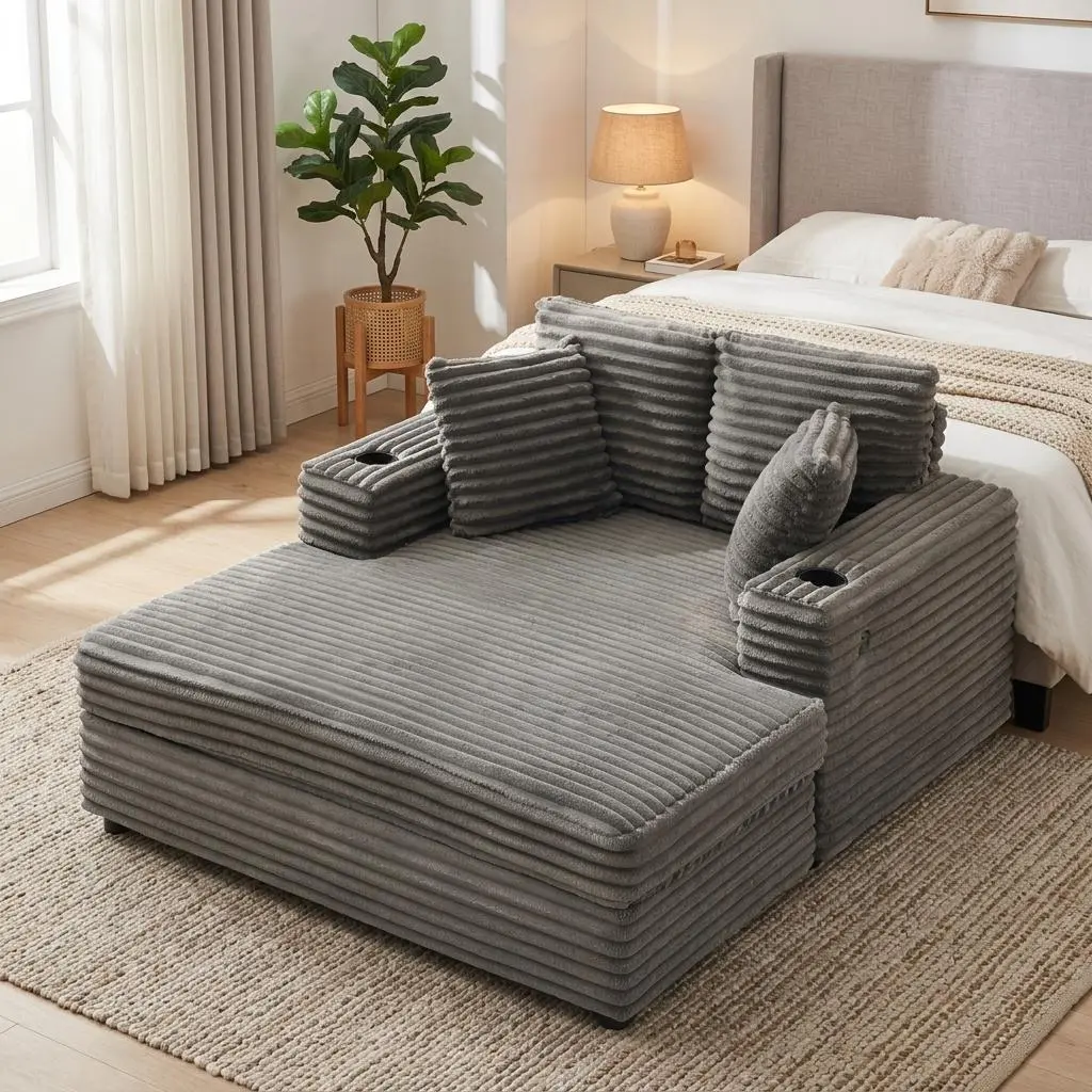 Large Indoor Chaise Lounge Chair, Soft Corduroy Sofa with Charging Station, Cup Holders and Decor Pillows, Comfortable Sleeper Couch for Living Room and Apartment Use