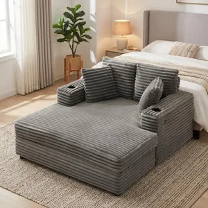Large Indoor Chaise Lounge Chair, Soft Corduroy Sofa with Charging Station, Cup Holders and Decor Pillows, Comfortable Sleeper Couch for Living Room and Apartment Use