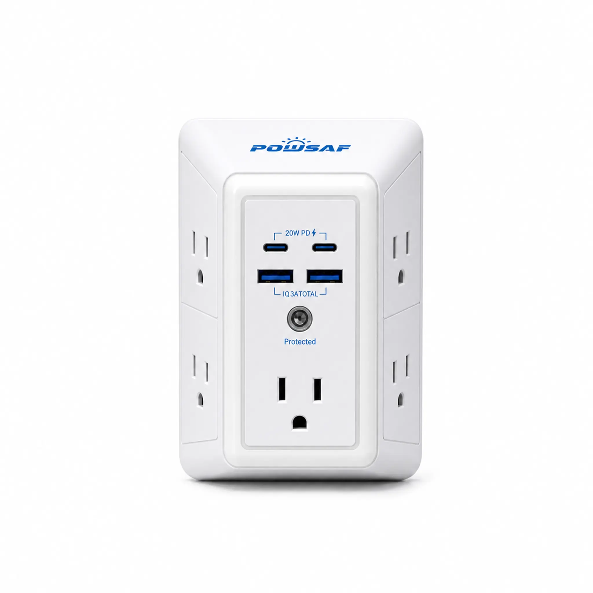 POWSAF 9 in 1 Safety Wall Outlet Extender, Back to School Essential, 3D Design with 5 AC Outlets, 2 USB A & 2 USB C Fast Charging Ports, 3 Sensor Light Modes, Overload Protection, FCC & ETL Certified, Easy Installation, Black & White Options