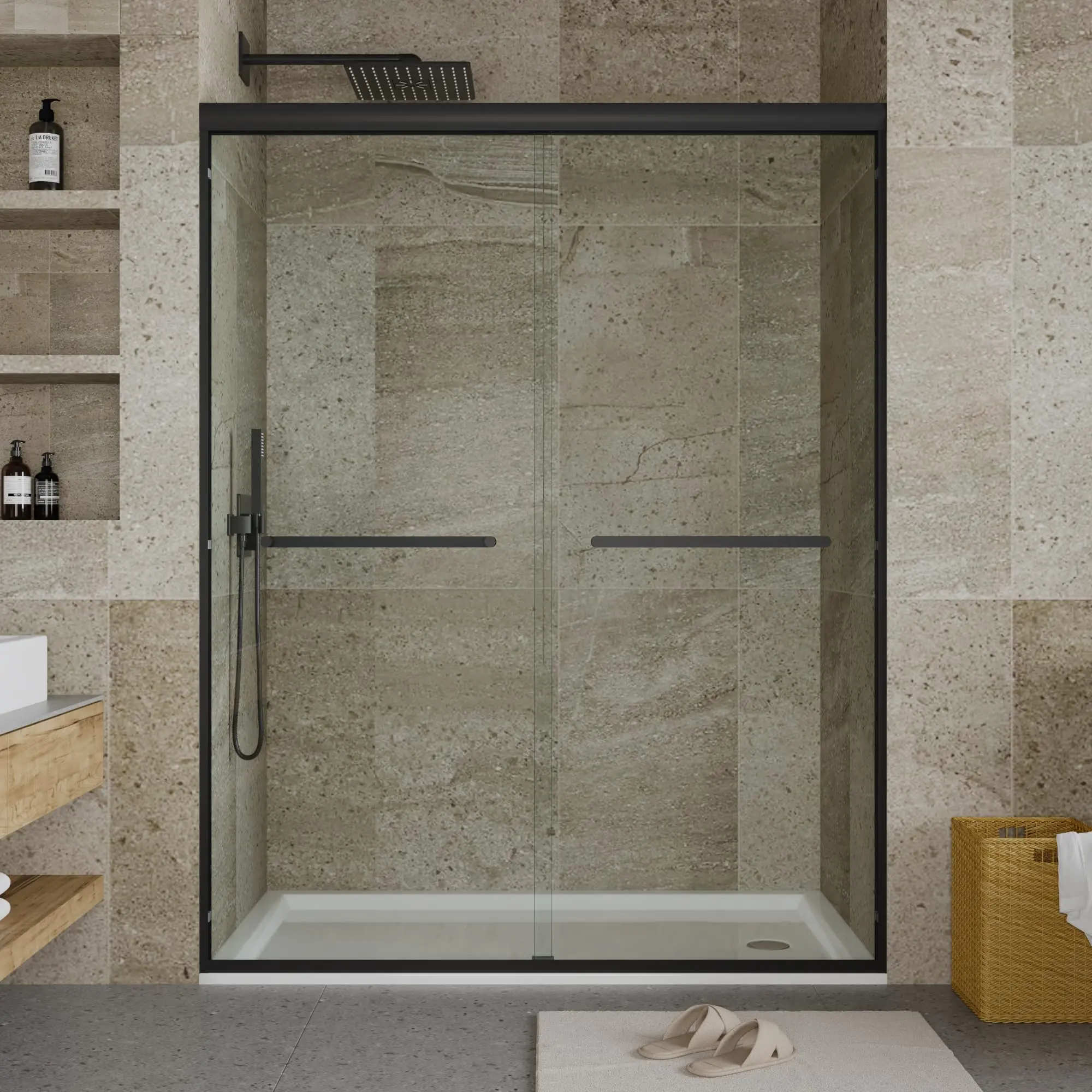 44-48"W x 72"H Glass Sliding Shower Door, 8mm Tempered Glass with Matte Black Aluminum Frame, Double Sliding Design with Easy-Clean Coating for Contemporary Bathrooms