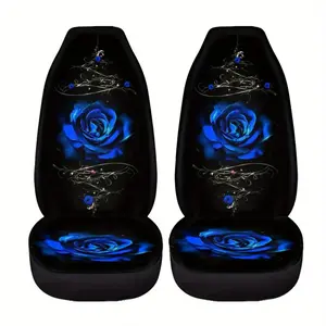 2pcs Blue Rose Printed Car Seat Cover for Front Seat, Fits Sedans Suvs & Pickup Trucks, Durable Comfortable & Stylish Automotive Interior Vehicle Accessory Decoration, Car Seat Cushions