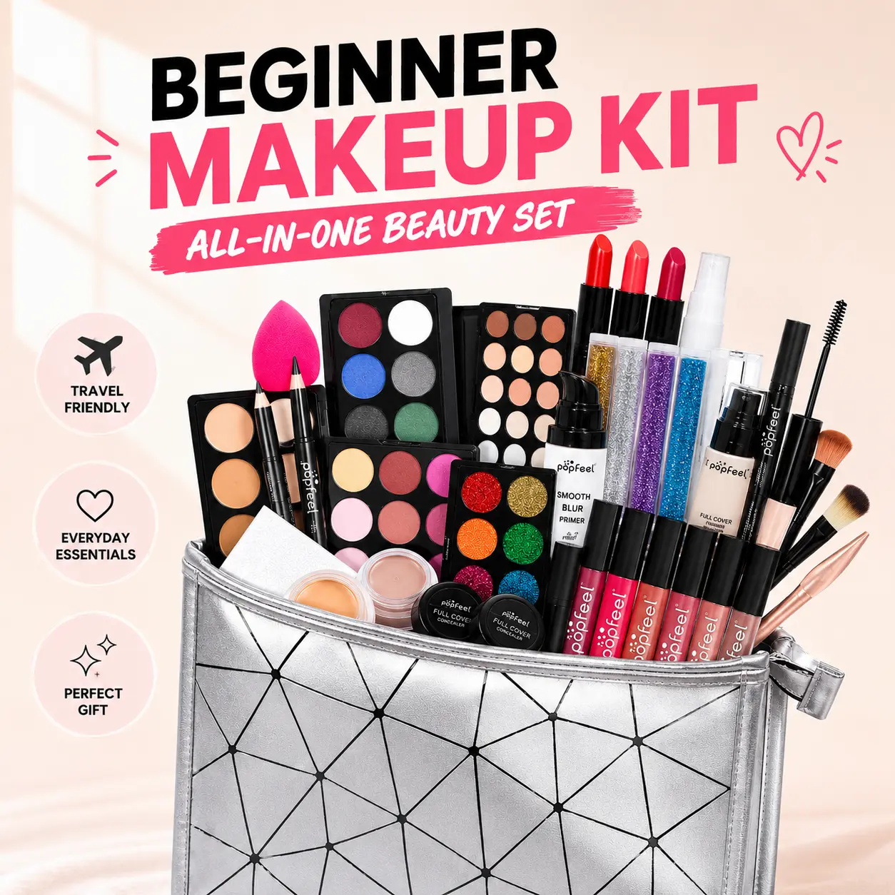 All-in-One Beginner Makeup Kit with Cosmetic Bag, Everyday Beauty Set with Eyeshadow & Lipsticks, Ideal Gift for Teens & Women