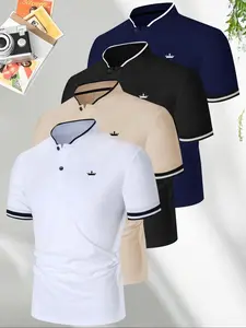 Men's Contrast Trim Polo Shirt, Regular Fit Casual Short Sleeve Button Collar Top for Summer, Fashion Men's Clothes for Daily Wear, Gamis, Casual Golf Polo