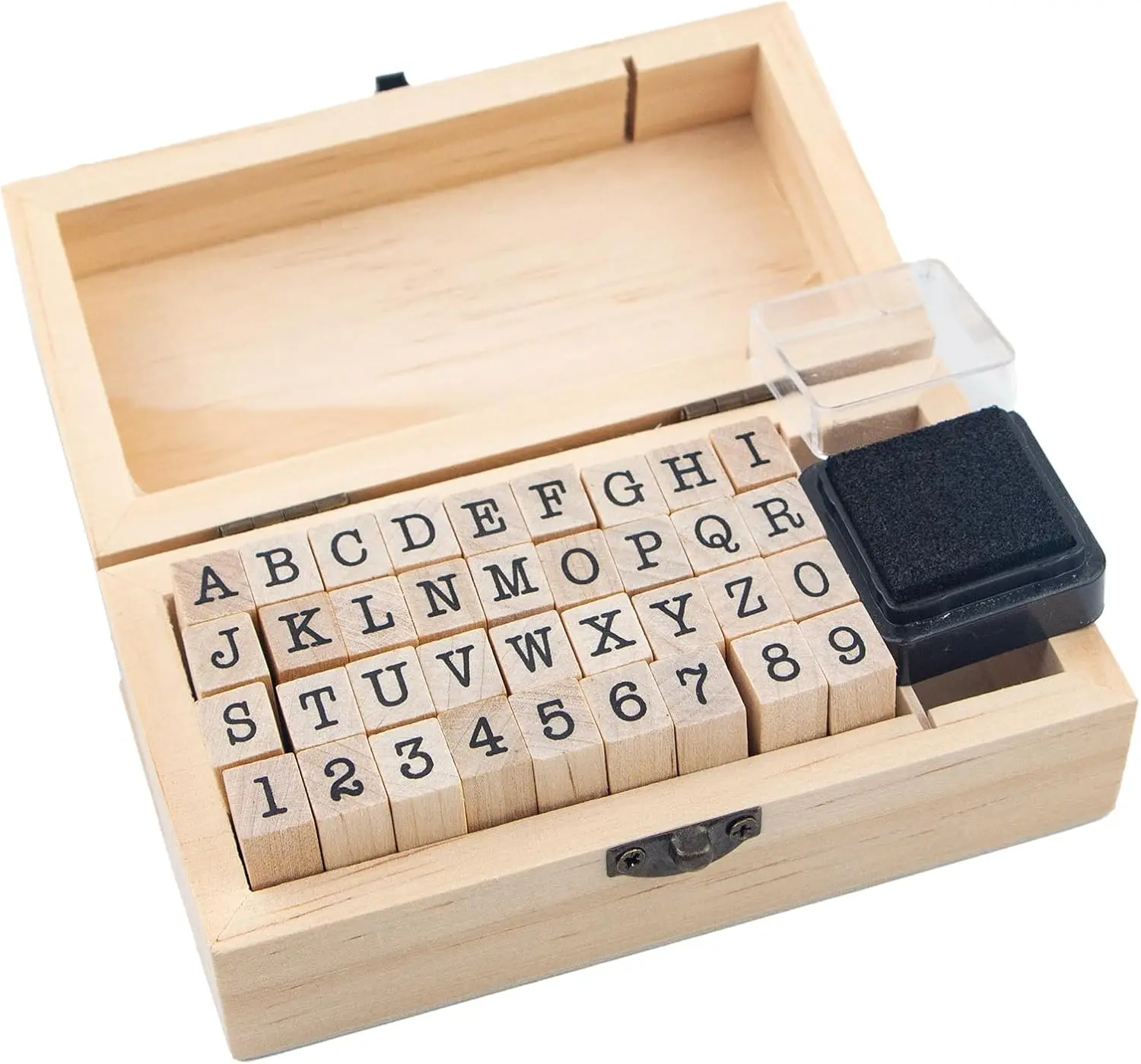 36-Count Small Wooden Alphabet Number Rubber Stamps with Wooden Box, Multi-Use Office Stationery for Card Making, DIY Craft Projects