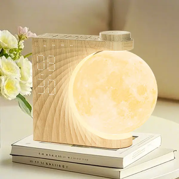 RETEYUNG Adjustable Colorful LED Digital Alarm Clock with Auto Rotate - Plastic Desk/Table Lamps, Wood Grain, Night Lamp, Color Changing Bedroom Light, Snooze, 10 Light Effects, 30/60/90 Timer, 10 Sleep Sounds, 15 Ringtones, 12 Volume Levels, Switch