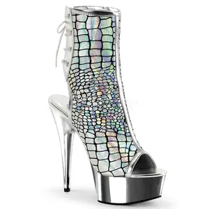 Pleaser DELIGHT-1018HG Silver Hologram Ostrich Pu Open Toe Ankle Boots