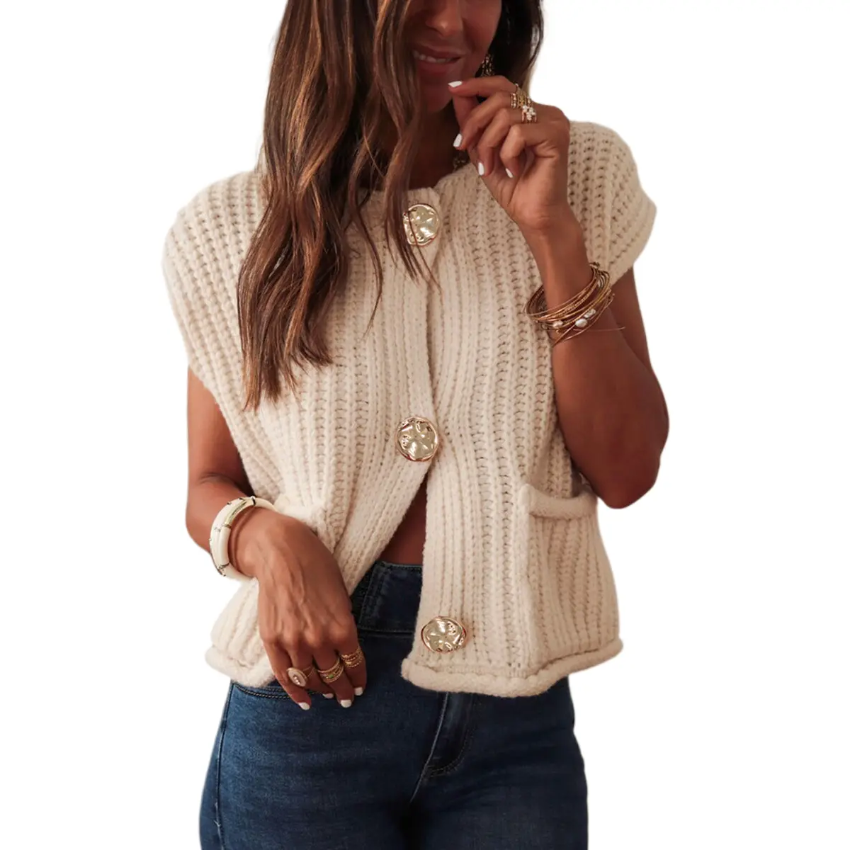 Znacicc Women's Solid Textured Knit Side Pockets Buttoned Sweater Vest - Womenswear Tops