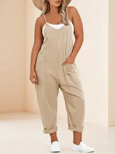 Plus Size Solid Color Loose Fit Sleeveless Romper, Casual Harlan Style Pocket Long Pants, Comfortable and Stylish Everyday Wear Overalls