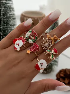 Women Christmas Series Ring Set, Cute Stacking Finger Rings, Santa Tree Reindeer Gift Accessories, Unisex Xmas Jewelry, Stackable Rings