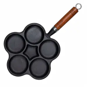 5-Hole Cast Iron Breakfast Pan with Ergonomic Wood Handle - Natural Non-Stick, Induction Compatible Egg Burger Maker for Quick Meals, TikTok Viral Kitchen Essential