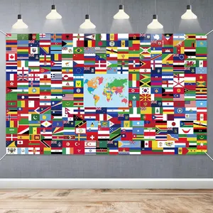 World Flag Banner, 5x3ft Fabric Country Flags Backdrop International Flags Banner Backdrop with Grommets for Birthday Party Decorations Office School Classroom Wallpaper Event Decorations