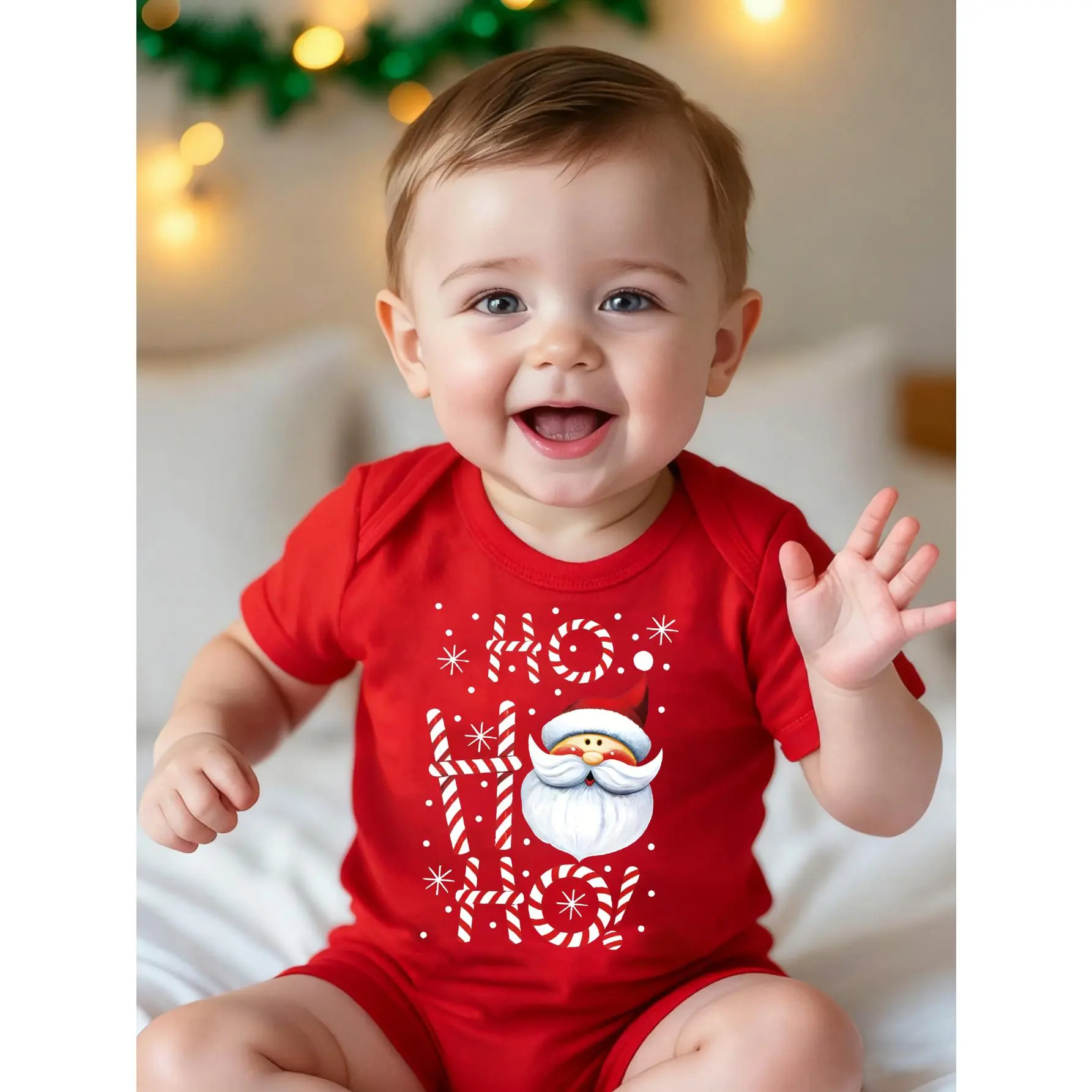 Christmas Cute Baby Bodysuit With Santa Claus Ho Ho Ho Candy Cane Snowflake Print Soft Versatile Round Neck Button Detail Regular Fit All Seasons Knitted Fabric Onesie For 0 12 Months