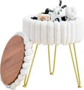 Makeup footstool Round Storage Ottoman Modern Vanity Stool with Metal Legs Faux Fur Upholstery Cushioned Footstool for Extra Seating Small Side Table Footrest Stool Easy Assembly, Chair