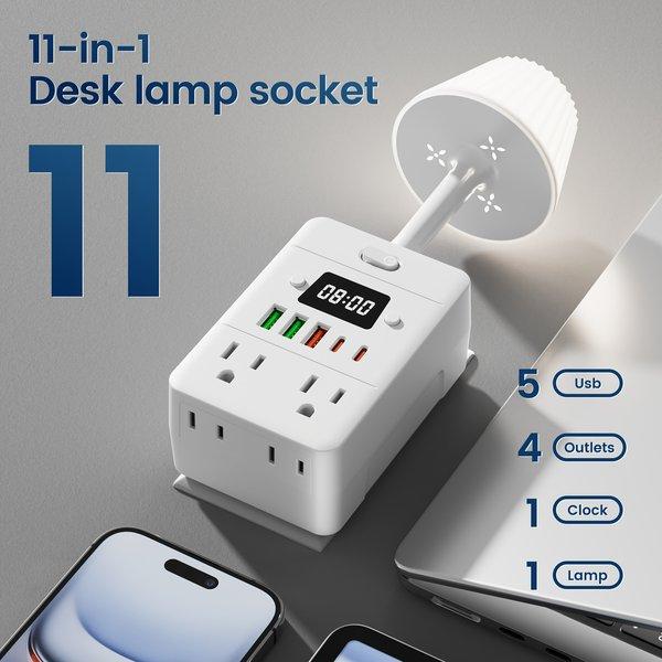 11 in 1 Power Strip with Desk Lamp & Clock – 4 Outlets 5 USB Ports USB C Charging Station, Surge Protector, Desktop Power Hub for Home Office